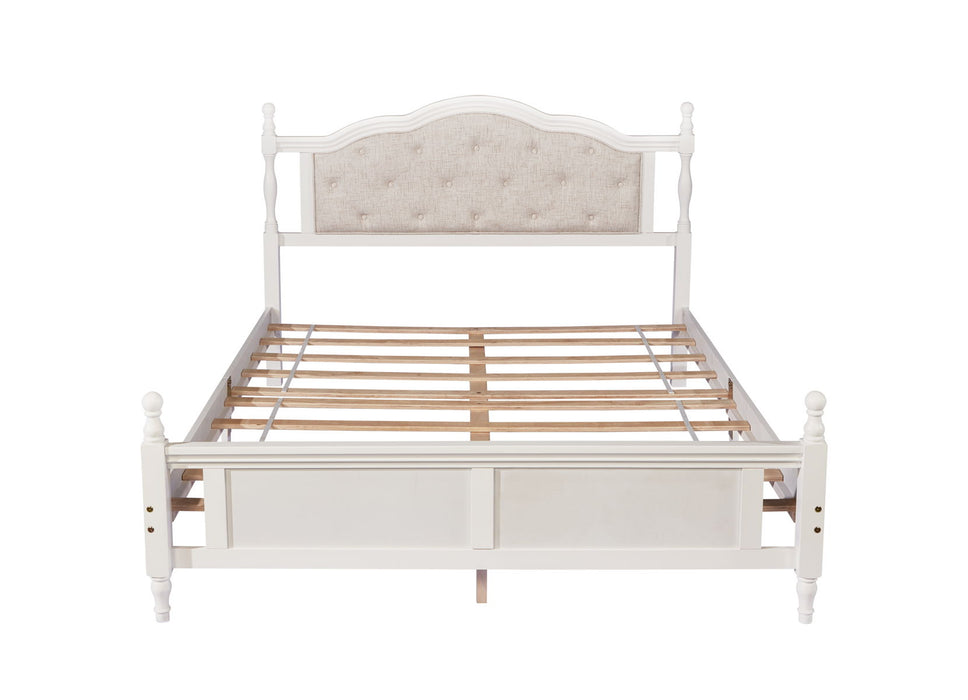 Pine Wooden Bed With Upholstered Headboard And Panel Footboard, With Two Bed Rail Support Feet And Central Platform Support Feet