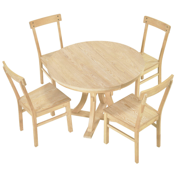 Topmax - 5 Piece Rustic Round Pedestal Extendable Dining Table Set With 15.7" Removable Leaf And Simple Dining Chirs For Small Places