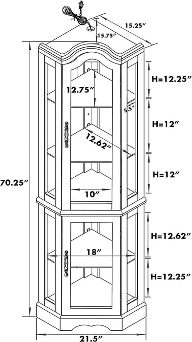 Corner Curio Cabinet With Lights, Adjustable Tempered Glass Shelves, Mirrored Back, Display Cabinet (E26 Light Bulb Not Included) - Walnut