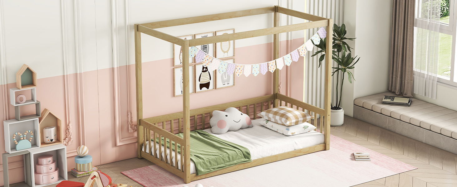 Canopy Frame Floor Bed With Fence, Guardrails