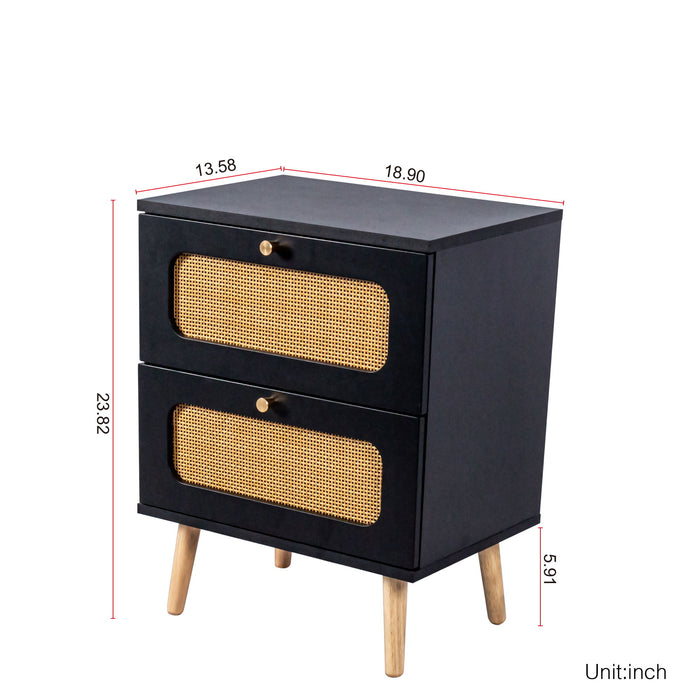 2 Drawer Rattan Nightstand For Bedroom And Living Room, End Table, Side Table With 2 Hand Made Rattan Decorated Drawers - Black