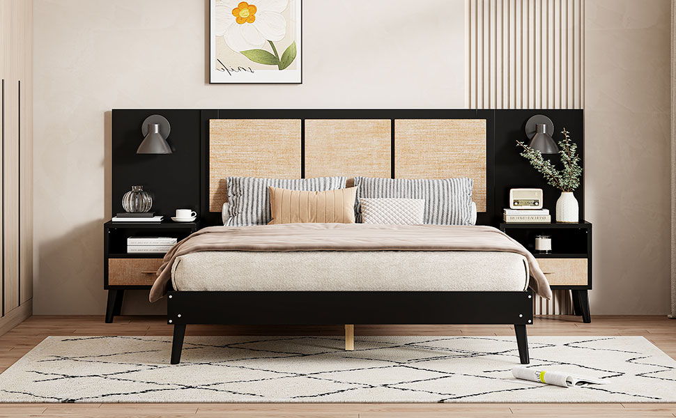 Solid Wood Bed Frame With 2 Nightstands, Elegant Design With Lamps, Rattan And Wood Combination