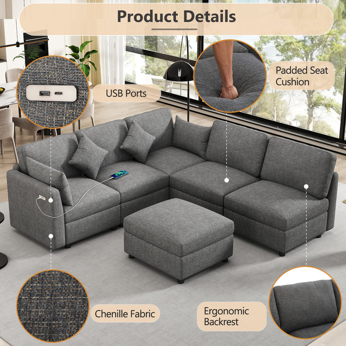 Sectional Sofa Modular Sofa U - Shaped Sofa Couch Sofa Bed L - Shaped Sofa With A Movable Ottoman And Two USB Ports For Living Room