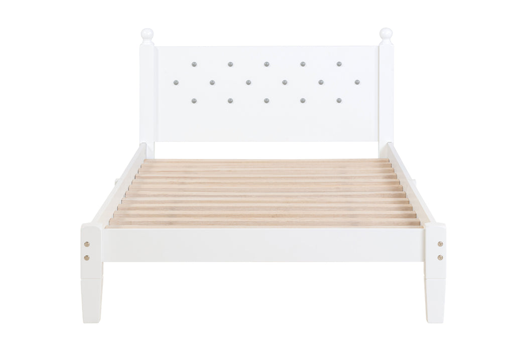 Twin Bed With Button-Decoration Headboard, With Bed Slats - White