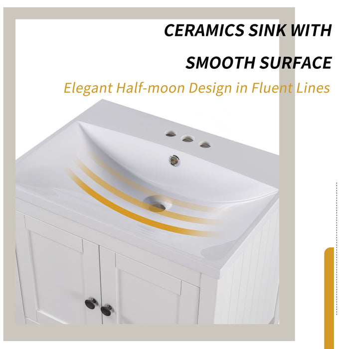 Modern Sleek Bathroom Vanity Elegant Ceramic Sink With Solid Wood Frame Open Style Shelf - White