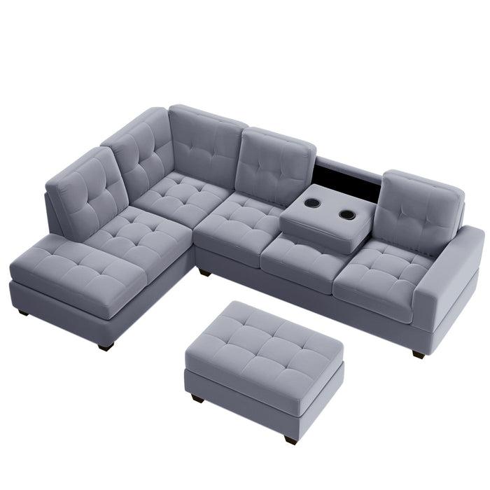 Modern Sectional Sofa With Reversible Chaise, L Shaped Couch Set With Storage Ottoman And Two Cup Holders For Living Room