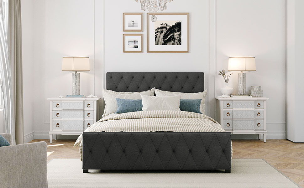 Full Size Storage Bed Metal Platform Bed With A Big Drawer - Gray