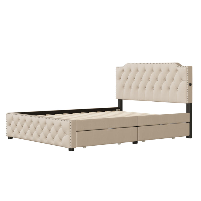 Upholstered Platform Bed With 2 Drawers And 2 Sets Of USB Ports On Each Side, Linen Fabric