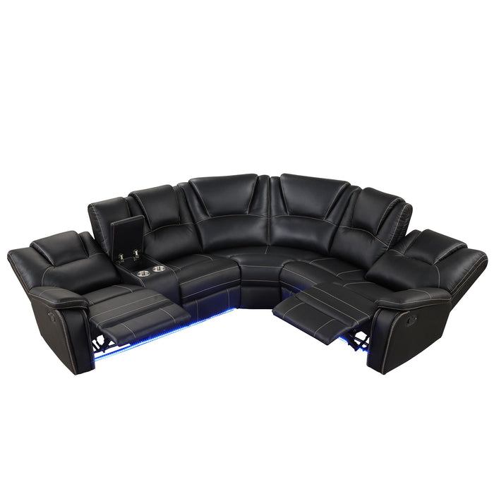 Modern Faux Leather Manual Reclining With Center Console With LED Light Strip, Living Room Furniture Set, PU Symmetrical Couch With 2 Cup Holders And Storage For Living Room - Black