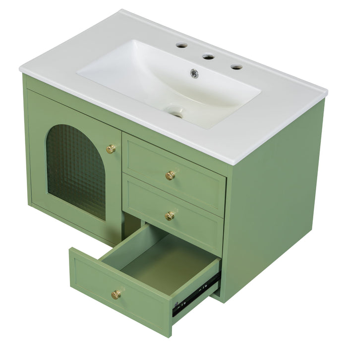 Elegant Floating Bathroom Vanity Sink And Cabinet Combo 1 Door And 2 Drawers - Green