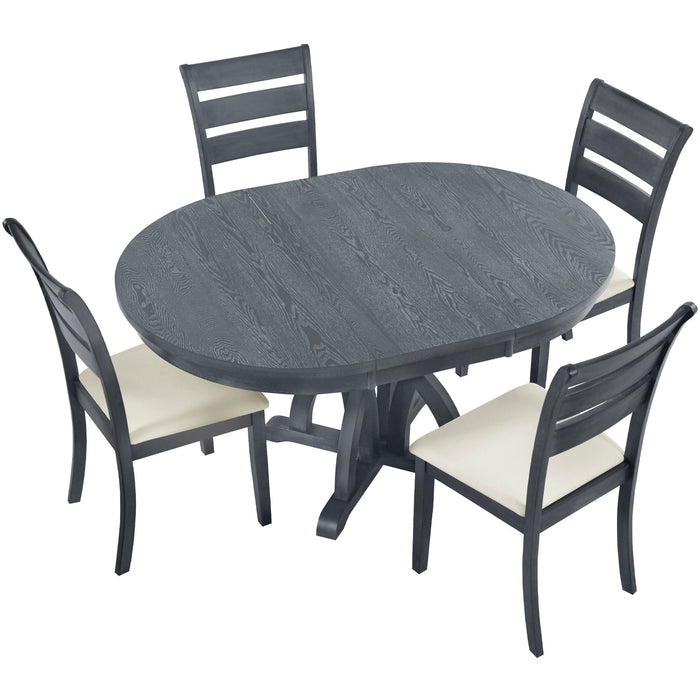 Topmax - 5 Piece Farmhouse Round Pedestal Extending Dining Table Set Extendable Kitchen Table Set With Removable Leaf And Ladder Back Dining Chairs For Small Places