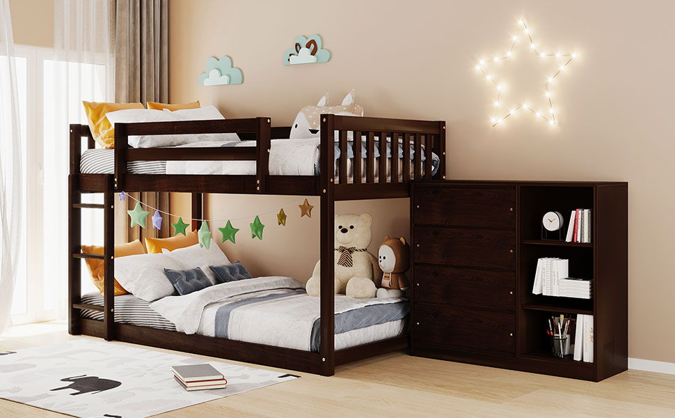 Twin Over Twin Bunk Bed With 4 Drawers And 3 Shelves