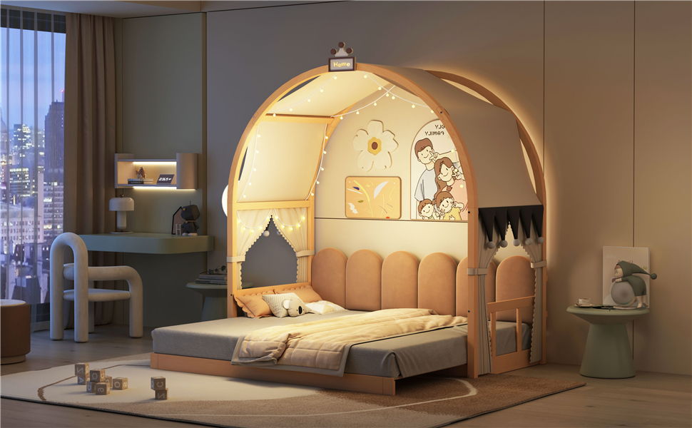 Extended Bed With Arched Roof And Trundle