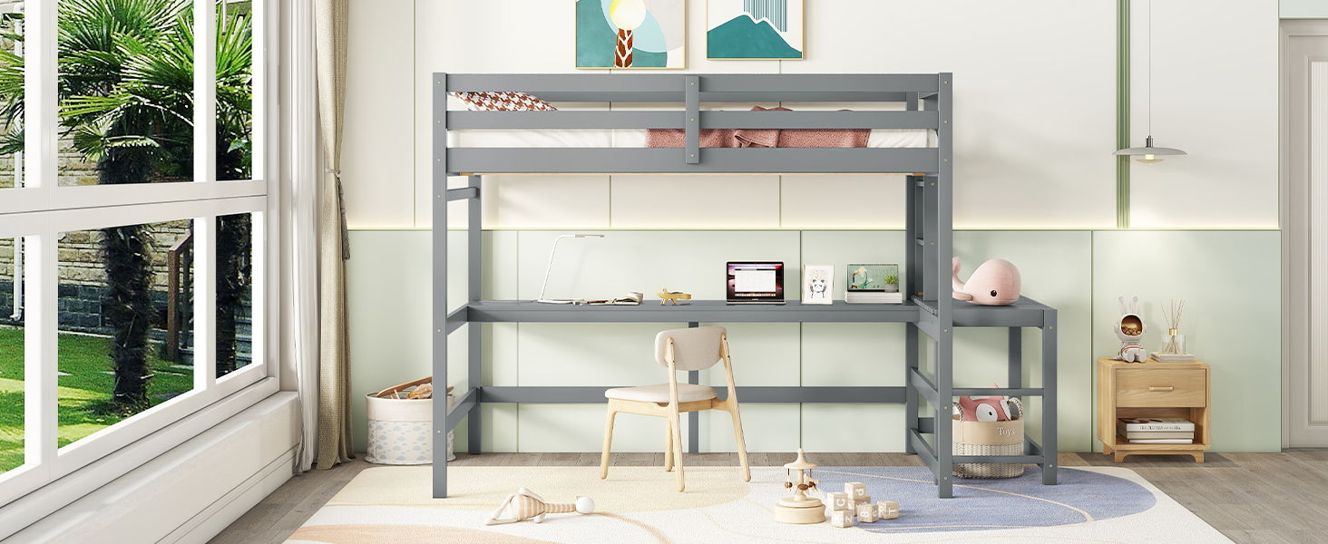 Loft Bed With Built-In Desk, Ladder Platform, Ladders, Guardrails