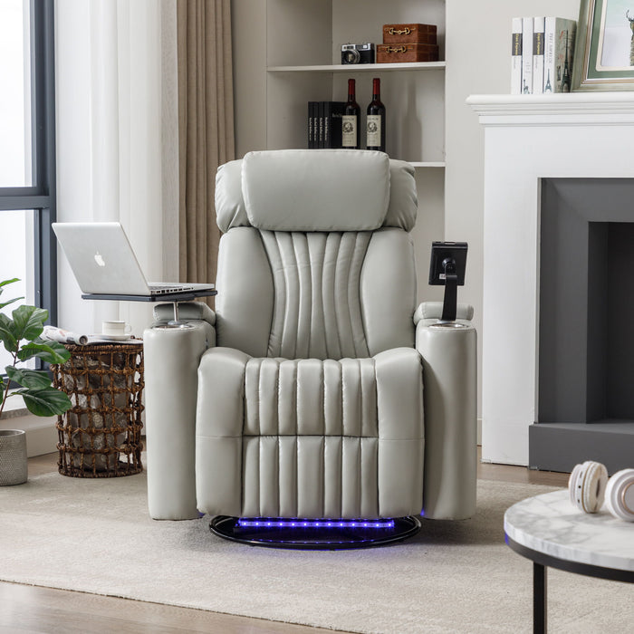 270 Degree Power Swivel Recliner, Home Theater Seating With Hidden Arm Storage And LED Light Strip, Cup Holder, 360 Degree Swivel Tray Table, And Cell Phone Holder, Soft Living Room Chair