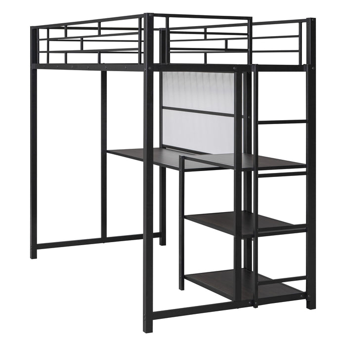 Loft Bed With Desk And Whiteboard, Metal Loft Bed With 3 Shelves And Ladder