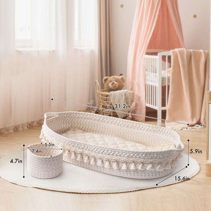 Baby Changing Basket, Handmade Woven Cotton Rope Moses Basket, Changing Table Top per With Mattress Pad - White & Brown