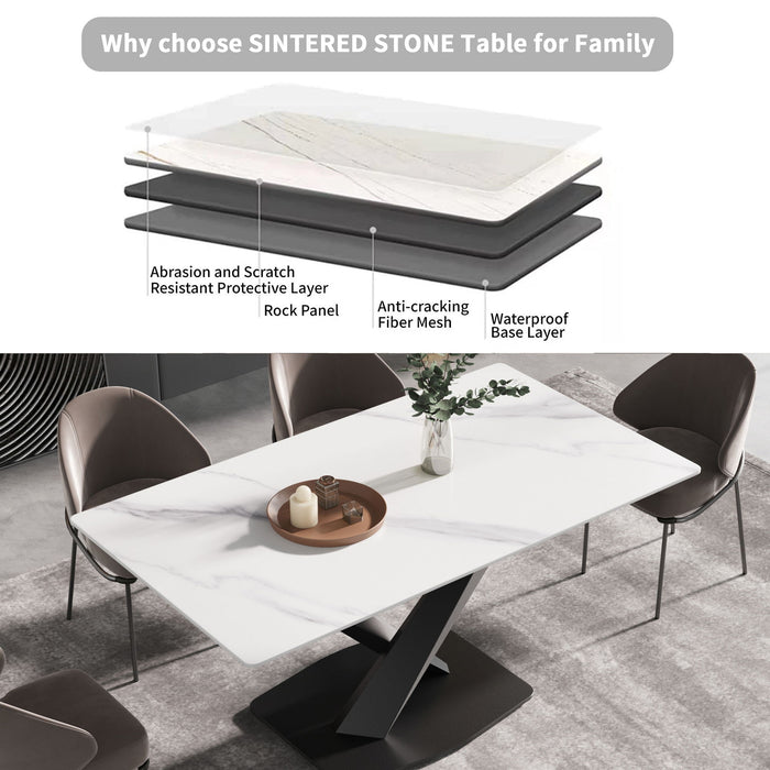 70.87" Modern Artificial Stone White Straight Edge Black Metal Leg Dining Table, Can Accommodate 6-8 People - White