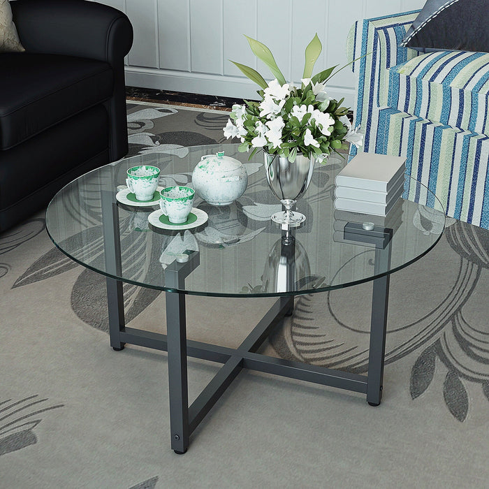 JWS Round Glass Coffee Table, Clear Coffee Table, Modern Side Center Tables For Living Room