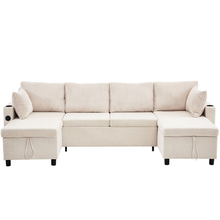 Sectional Sofa Pull Out Sofa Bed Versatile Sofa Sleeper With Large Storage Space, Two USB Ports And Two Cup Holders For Living Room