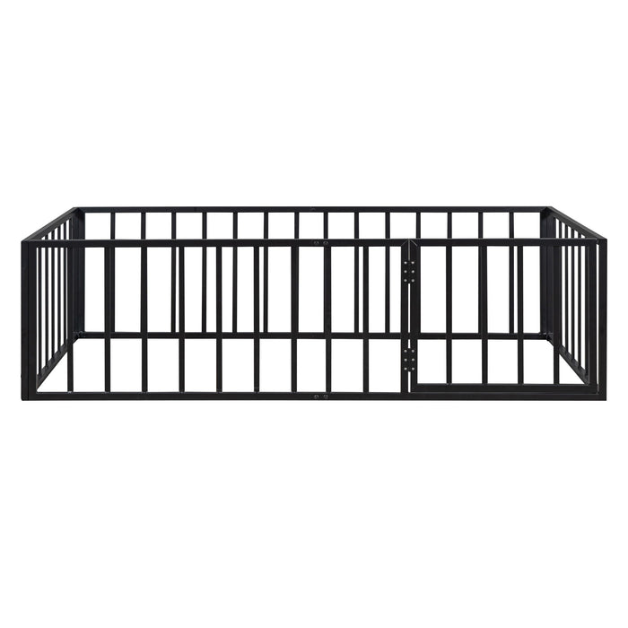 Metal Floor Bed Frame With Fence And Door - Black