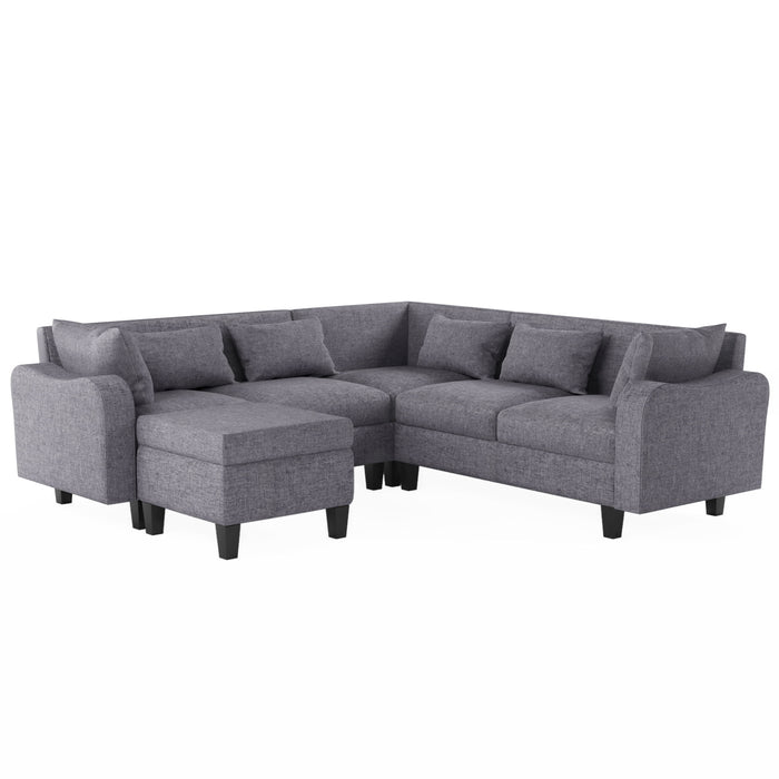 Modern Sectional Sofa With Coffee Table, 6 Seat Couch Set With Storage Ottoman, Various Combinations, L-Shape Indoor Furniture With Unique Armrests For Living Room (6 Pillows)