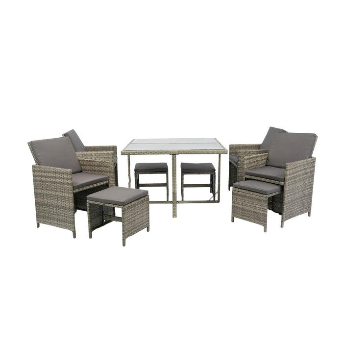 9 Pieces Patio Dining Sets Outdoor Space Saving Rattan Chairs With Glass Table Patio Furniture Sets Cushioned Seating And Back Sectional Conversation Set Wicker And Cushion - Gray