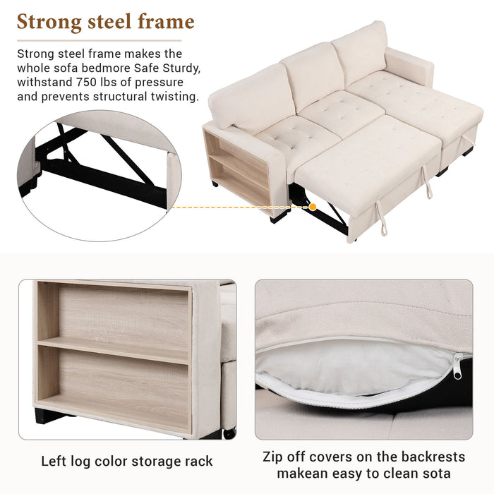 Stylish And Functional Light Chaise Lounge Sectional With Storage Rack Pull-Out Bed Drop Down Table And USB Charger