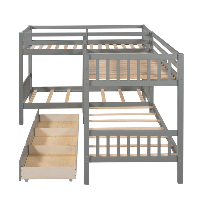 Twin L-Shaped Bunk Bed With Drawers - Gray