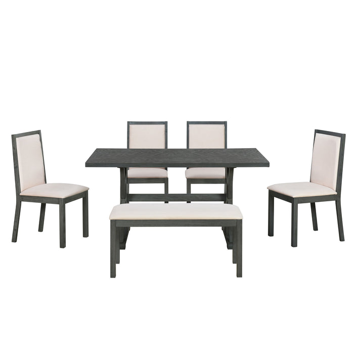 Topmax - 6 Piece Farmhouse Classical Dining Table Set With Trestle Legs, Kitchen Table Set For 6 With 4 Upholstered Dining Chairs And Bench