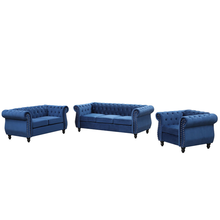 Modern Three Piece Sofa Set With Solid Wood Legs, Buttoned Tufted Backrest - Frosted Velvet Upholstered Sofa Set Including Three Seater Sofa, Double Seater And Living Room Furniture Set Single Chair