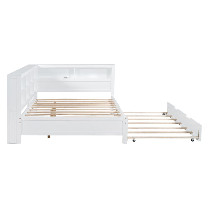 Wooden Full Size Daybed With Twin Size Trundle, Daybed With Storage Shelf And USB Charging Ports - White