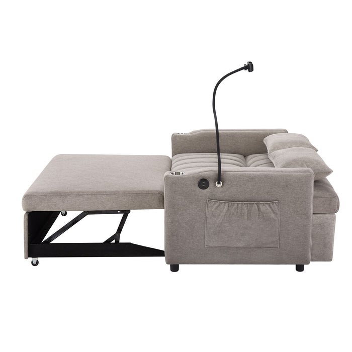 Convertible Sofa Bed Loveseat Sofa With Three USB Ports, Two Side Pockets, Two Cup Holders And 360° swivel Phone Holder For Living Room