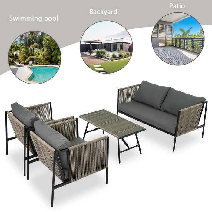 4 Piece Rope Sofa Set With Thick Cushions And Toughened Glass Table, All-Weather Patio Furniture Set For 4 Person With Loveseat