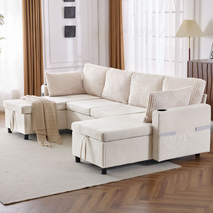 Sectional Sofa Pull Out Sofa Bed Versatile Sofa Sleeper With Large Storage Space, Two USB Ports And Two Cup Holders For Living Room