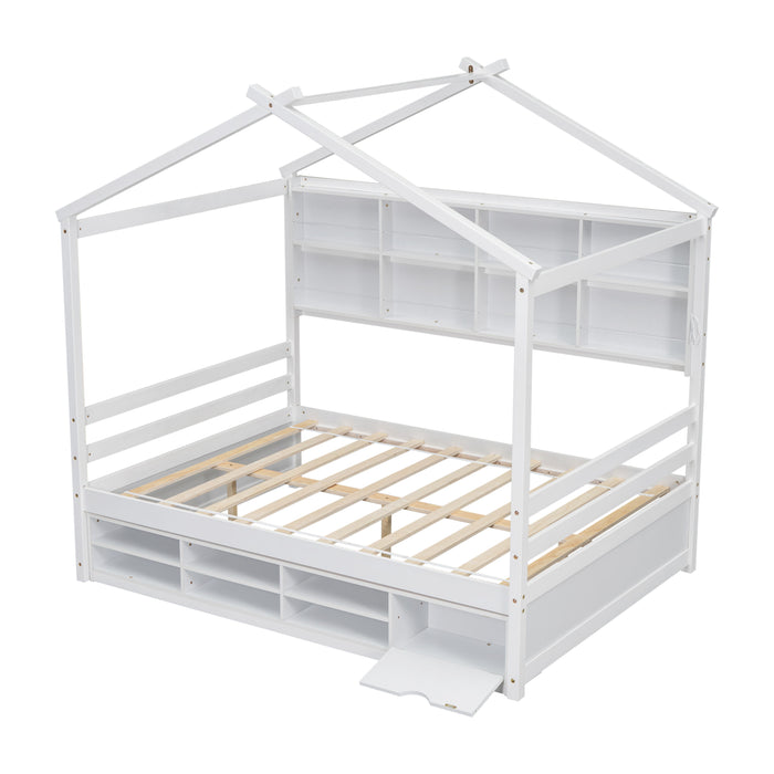 House Bed With Roof Frame, Bedside-Shelves, Under Bed Storage Unit