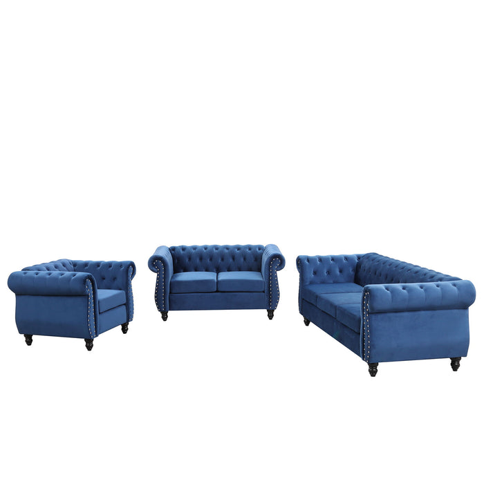 Modern Three Piece Sofa Set With Solid Wood Legs, Buttoned Tufted Backrest - Frosted Velvet Upholstered Sofa Set Including Three Seater Sofa, Double Seater And Living Room Furniture Set Single Chair