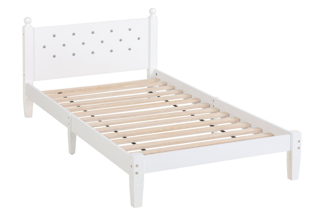 Twin Bed With Button-Decoration Headboard, With Bed Slats - White