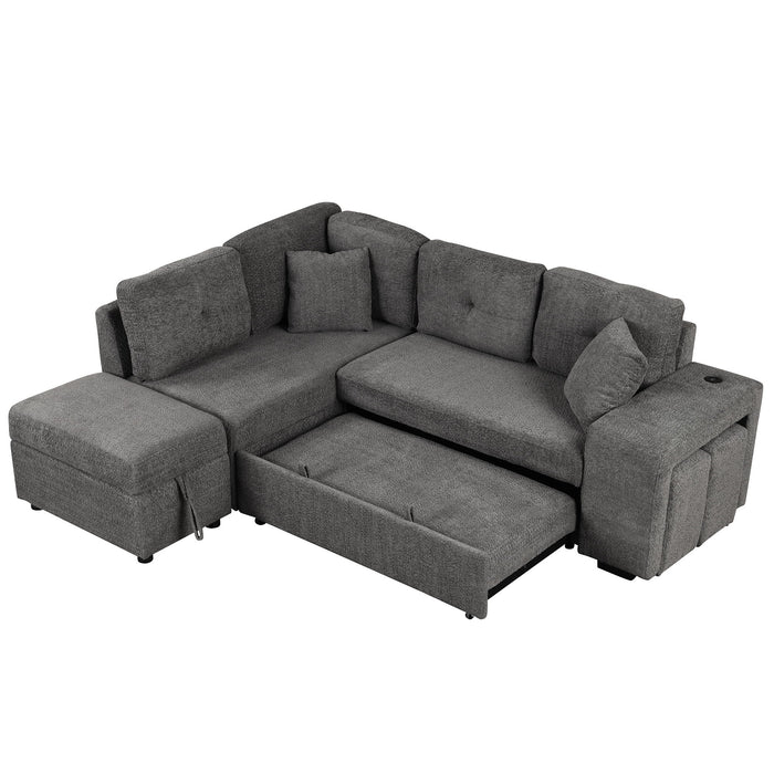 Convertible Sleeper, Sectional Pull Out Sofa Bed With Storage Ottoman, 2 Throw Pillows, 2 Stools, Wireless Charger And Two Hidden USB Ports For Living Room