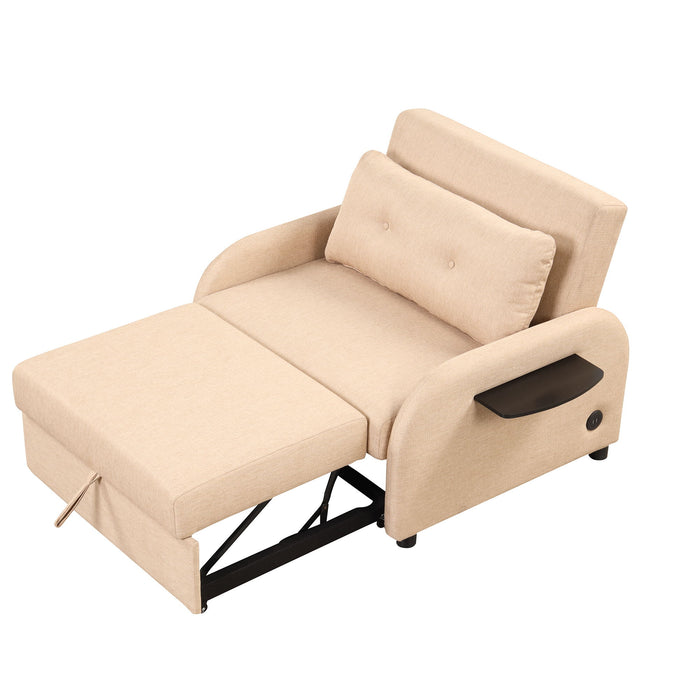 Pull Out Sofa Sleeper 3 In 1 With 2 Wing Table And USB Charge For Nap Line Fabric For Living Room Recreation Room