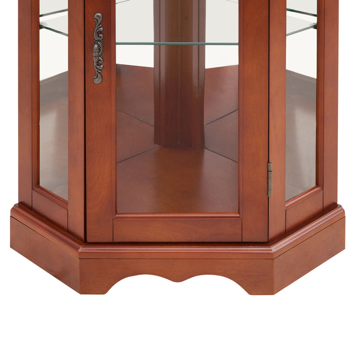 Corner Curio Cabinet With Lights, Adjustable Tempered Glass Shelves, Mirrored Back, Display Cabinet (E26 Light Bulb Not Included) - Walnut