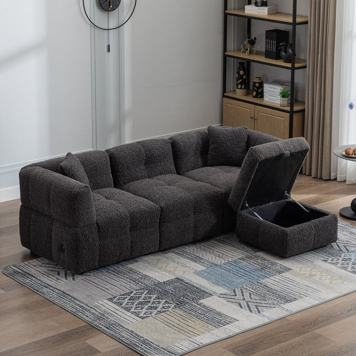 Sectional Sofa Cozy Teddy Fleece Sectional Sofa Couch With Two USB Ports A Movable Storage Ottoman And Two Lumbar Pillows For Living Room