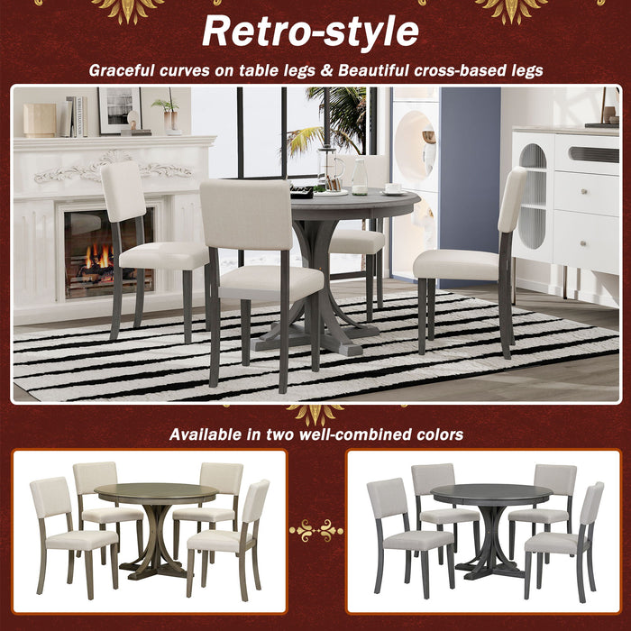 Retro Round Dining Table Set With Curved Trestle Style Table Legs And Upholstered Chairs For Dining Room