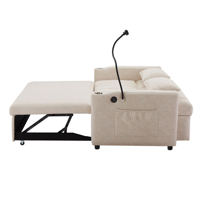 Convertible Sofa Bed Loveseat Sofa With Three USB Ports, Two Side Pockets, Two Cup Holders And 360° swivel Phone Holder For Living Room