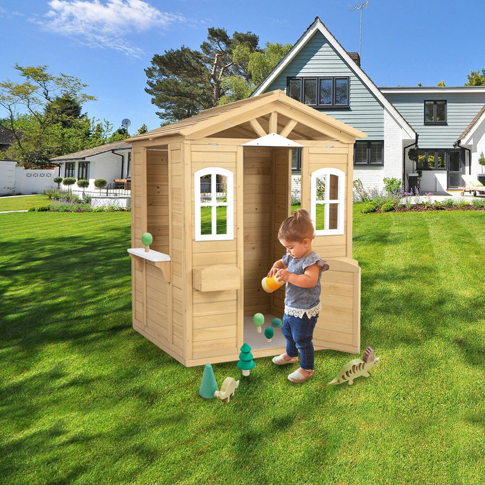 Wooden Playhouse For Kids Outdoor With Working Door, Windows, Mailbox, Flowers Pot Holder - Natural