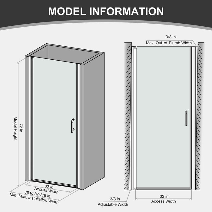 Semi-Frameless Pivot Shower Door In Chrome With Clear Glass - Chrome