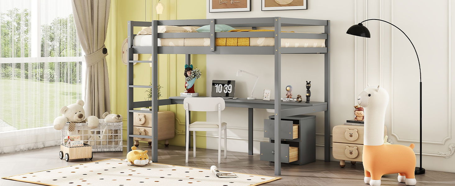 Loft Wood Bed With Under-Bed, Built-In Desk, A Storage Cabinet Of 2 Drawers, Guardrails, Ladder