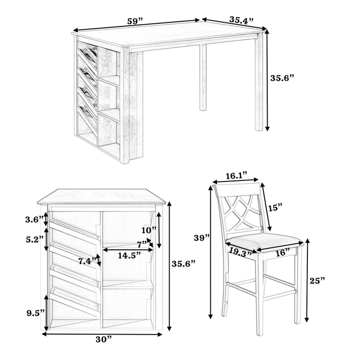 Topmax - 5 Piece Updated Counter Height Solid Wood Dining Table Set, Table With Curved Wine Rack And 4 Upholstered Chairs