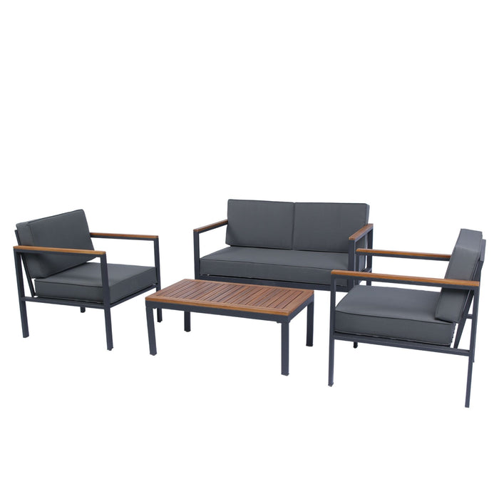 4 Piece Outdoor Sofa Set With Acacia Wood Top, Padded Patio Conversation Table Chair Set With Coffee Table For Garden, Backyard, Poolside Cushions - Dark Gray