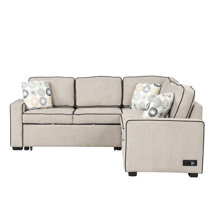 L-Shaped Pull Out Sofa Bed Modern Convertible Sleeper Sofa With 2 USB Ports, 2 Power Sockets And 3 Pillows For Living Room